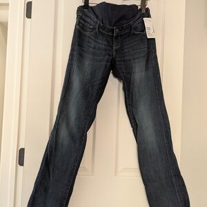 Dark Blue Straight Maternity Leg Jeans with Vintage Fading